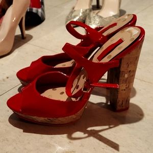 blood red and cork heels